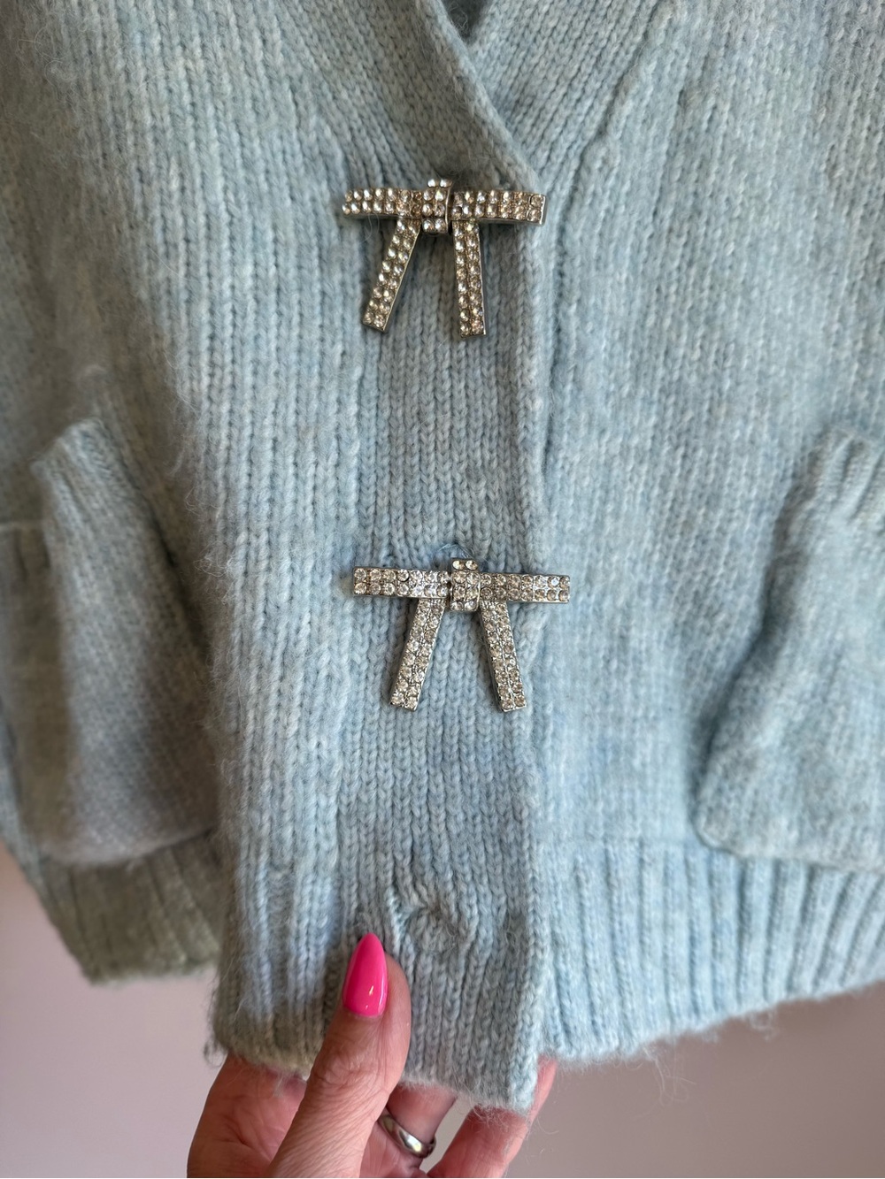 ZARA Jewel Bow Cardigan Sweater Baby Blue Coquette Blogger Favorite Preppy M - Picture 4 of 9